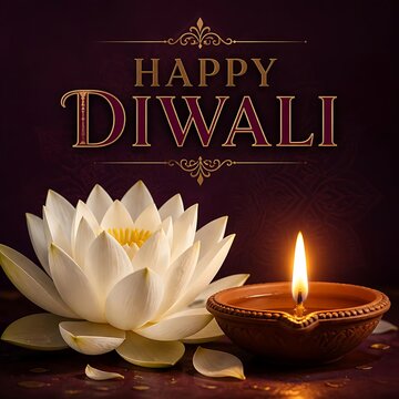 Happy diwali celebration scene with lotus flower and single lit oil lamp