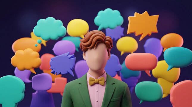 Man with a faceless head surrounded by colorful empty speech bubbles representing communication difficulties or mental health struggles