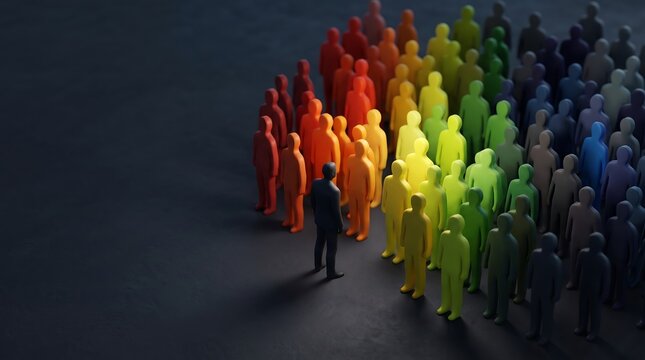 A single dark figure stands facing a large group of colorful humanoid shapes arranged in a spectrum of colors