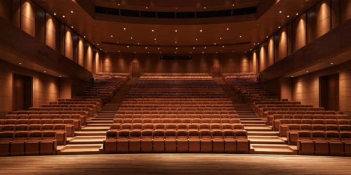 Large modern theater auditorium interior with stage seating for conferences events presentations and large audience for corporate meetings or entertainment
