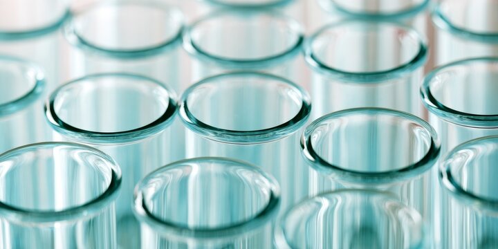 Array of transparent blue plastic test tubes arranged in cluster on white background for scientific research or laboratory analysis