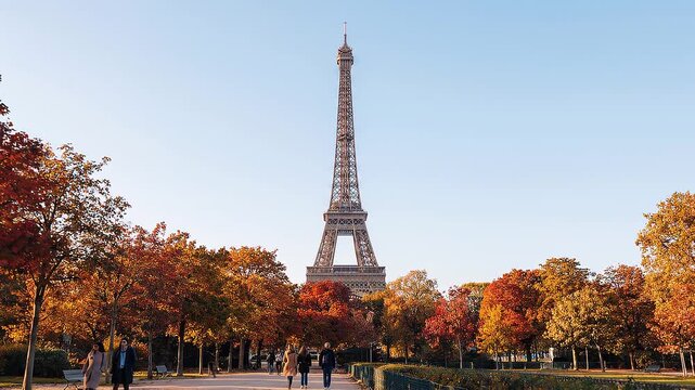 Eiffel Tower view through colorful autumn leaves in Paris.