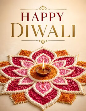 Happy diwali greeting card with lit diya over flower rangoli on light background
