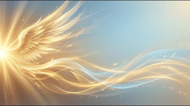 Panoramic Golden Angel Wings Banner Background with Copyspace for Advertising and Branding, Ethereal Light and Sparkles on Soft Abstract Background