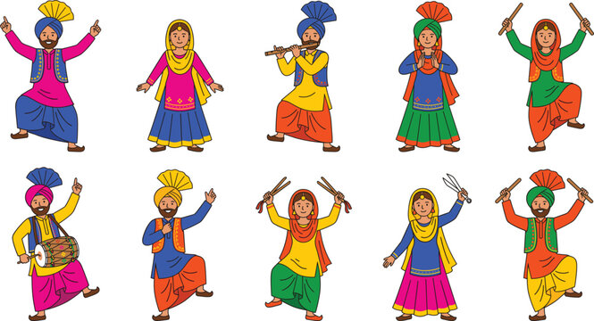 Punjabi Bhangra and Gidha Folk Dancers Vector Illustration Set with Traditional Salwar Kameez Dhol Drum and Flute Musicians for Vaisakhi Baisakhi Cultural Festival Designs