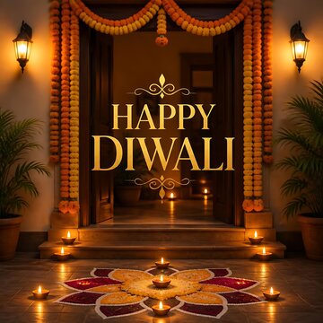 Happy diwali home entrance decorated with marigold garlands and floor lamps