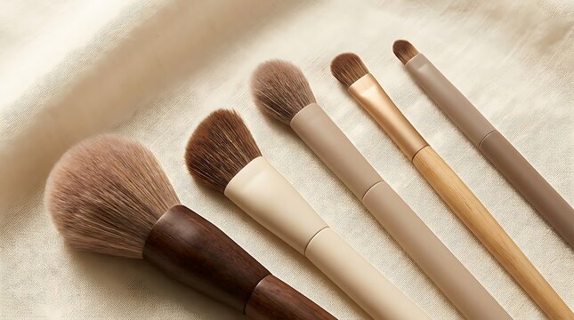 Set of professional makeup brushes for face and eye cosmetic application on a soft light surface. beginner makeup guide