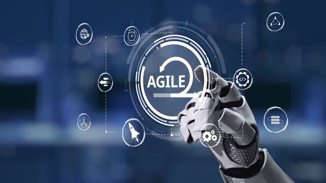 A robotic hand engages with a dynamic digital interface, representing agile methodologies and innovative technology concepts for business growth and efficiency. Synapse