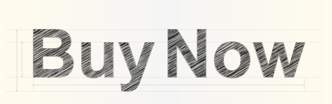 Professional design concept featuring sketched Buy Now text with technical grid alignment and measurement notation lines
