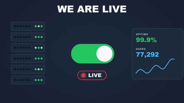 Go live animation with giant toggle switching on, live light pulsing, server rack turning green and uptime dashboard