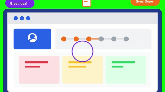 Digital interface displaying colorful project management boards and workflow progression steps for team collaboration and task organization across multiple users browsing the computer screen