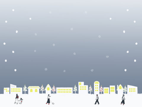 クリスマスツリーのある街を歩く人々のイラスト