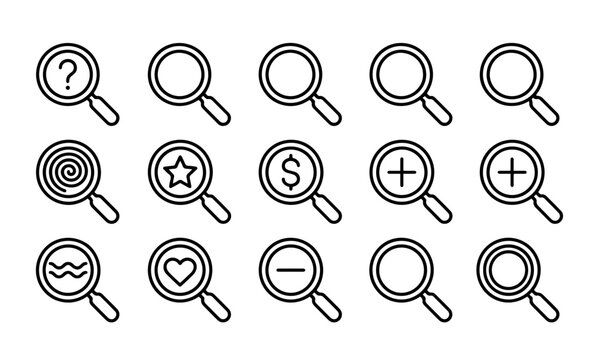 Magnifying glass search zoom symbols line art icons set vector.