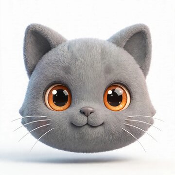 Cute Gray Cat Head with Big Orange Eyes on White Background