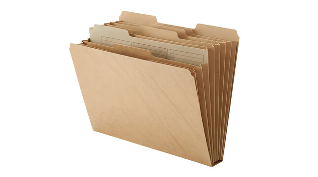 A D rendered expanding accordion style manila file folder standing upright with multiple partitioned divider tabs and an inner page featuring black grid lines against a solid white background
