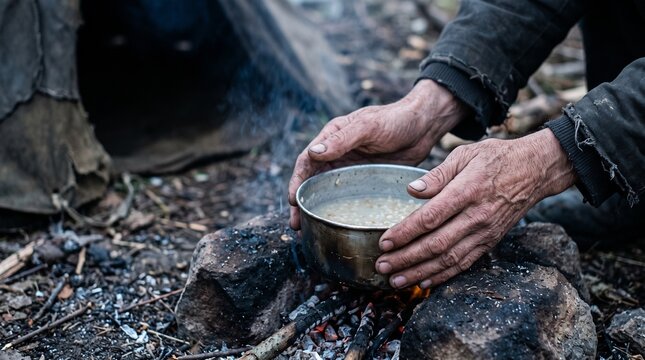 Close-up photo of weathered hands heating food over a fire for world food day