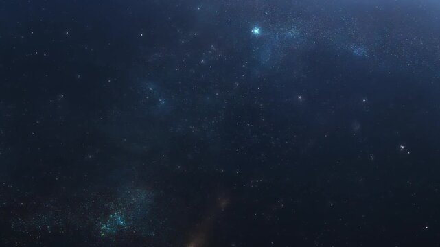 Cosmic dust clouds with distant glowing stars in deep space during a slow celestial drift