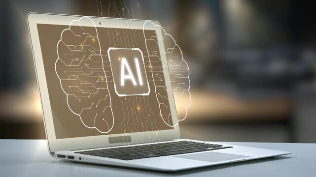 A sleek laptop displays a digital representation of artificial intelligence, emphasizing innovation and technology in today fast-paced workspace and digital environment. Salient