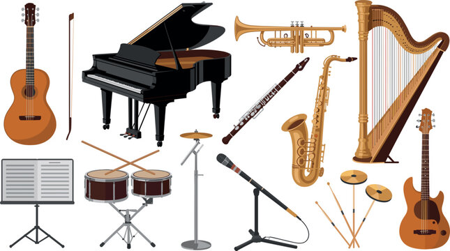Classical and Jazz Musical Instrument Vector Collection Featuring Grand Piano, Harp, Saxophone, Trumpet, Drums, Guitars, and Microphone for Orchestra Performance Designs