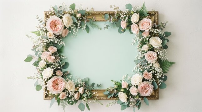 A decorative gold frame is adorned with a lush arrangement of pink and white roses, baby's breath, eucalyptus, and ferns.