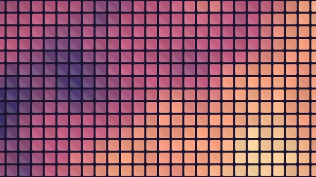 Abstract mosaic grid background with vibrant purple, pink, and orange gradient color transition. Digital pixel pattern texture.