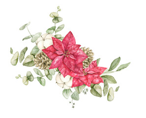 Christmas watercolor composition with red poinsettias, white cotton bolls, pine cones and pale eucalyptus foliage. Ideal for Christmas cards, holiday greetings and seasonal decorative artwork. © Evgeniia