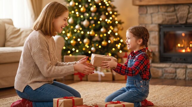 Two young girls exchanging christmas gifts in a cozy living room with a decorated tree