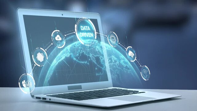 A modern laptop showcases a digital world with data driven concepts, intertwining technology and innovation in a professional and sleek environment. Perfect for tech content. Salient