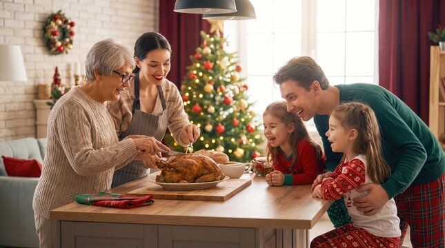 Multi generational family preparing a festive holiday meal together around a dining table