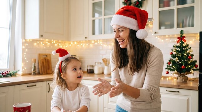 Mother and daughter happily preparing festive holiday treats in a bright kitchen