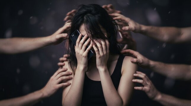 A young woman shields her face with a smartphone, her hands covering her eyes. Numerous shadowy hands surround her, seemingly attempting to restrain or overwhelm her.