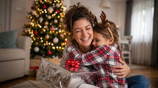 Joyful mother and daughter embrace in front of a decorated christmas tree during the holidays