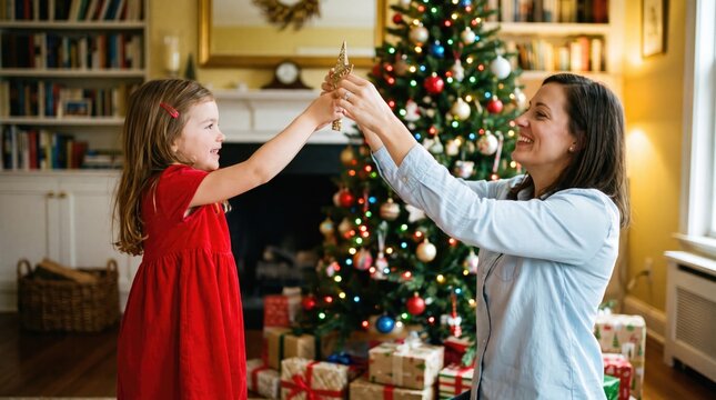 Mother and daughter decorating a christmas tree with ornaments in a cozy living room
