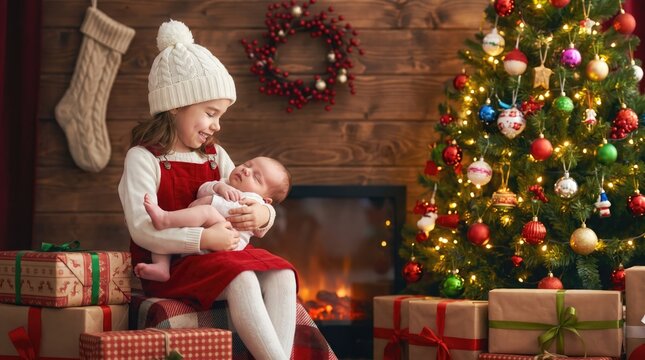 Loving mother holding baby near a decorated christmas tree and cozy fireplace
