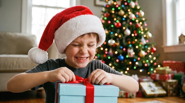 Excited young boy opening a christmas gift in front of a decorated tree