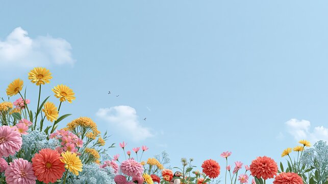 Colorful wildflower meadow with daisies and dahlias, pale blue sky with clouds, fresh spring summer floral backdrop with copy space