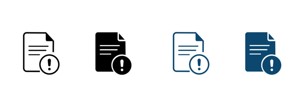 Document icon set. Exclamation mark symbol. Concept for compliance review, issue reporting.