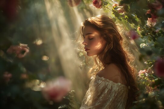 beautiful young woman in a blooming rose garden with soft sunlight