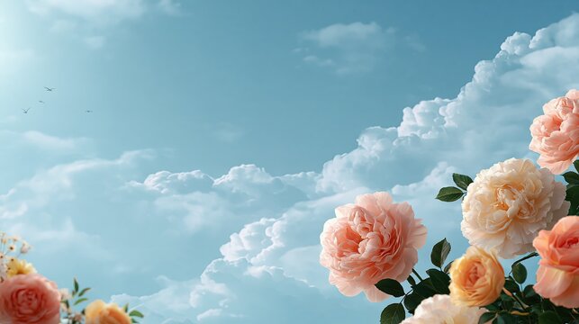 Colorful wildflower meadow with daisies and dahlias, pale blue sky with clouds, fresh spring summer floral backdrop with copy space