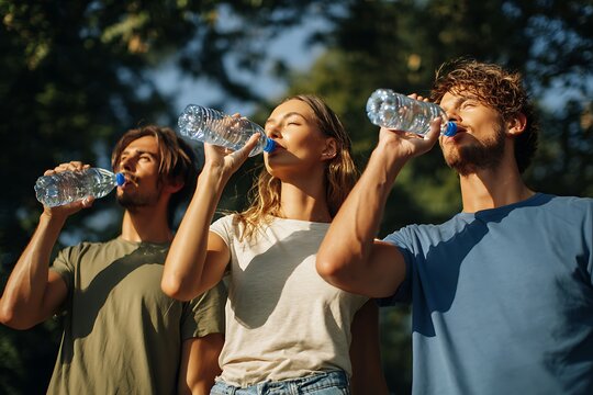 Group of young people drinking fresh mineral water outdoors in a park