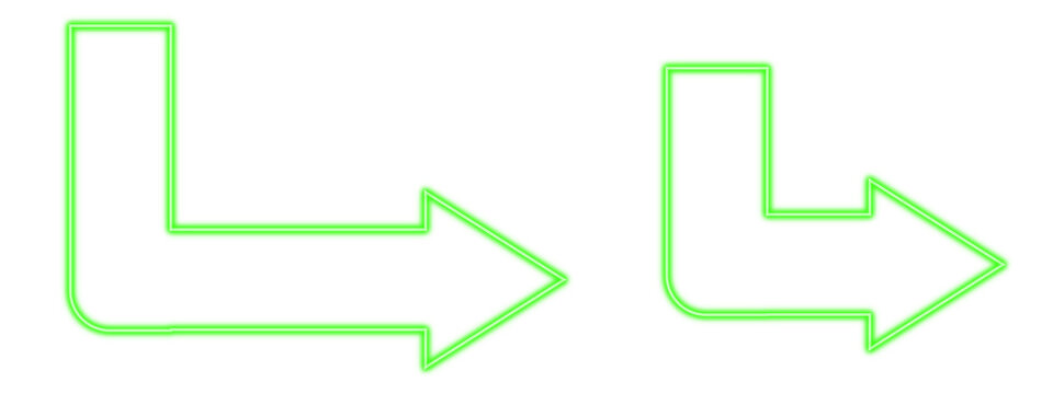 Green arrow corner turn right neon light set object set elements isolated on white background