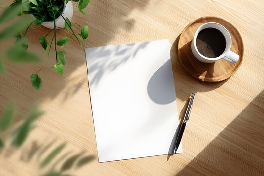 blank white paper and pen and coffee cup on wooden table