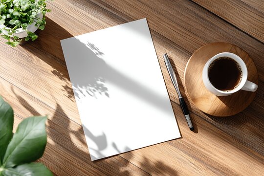Blank paper sheet with coffee and pen on wooden desk with shadows