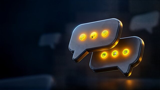 Futuristic 3D Chat Bubbles with Glowing Golden Dots on a Dark Background, Digital Messaging and Online Communication Concept