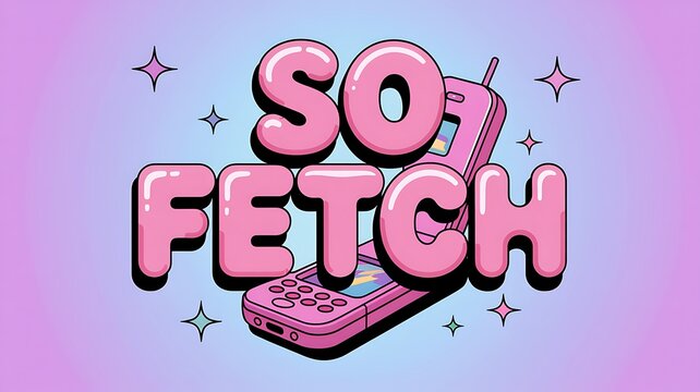 Vibrant pink bubblegum lettering typography with vintage flip phone vector illustration and sparkly stars on soft gradient background for posters.