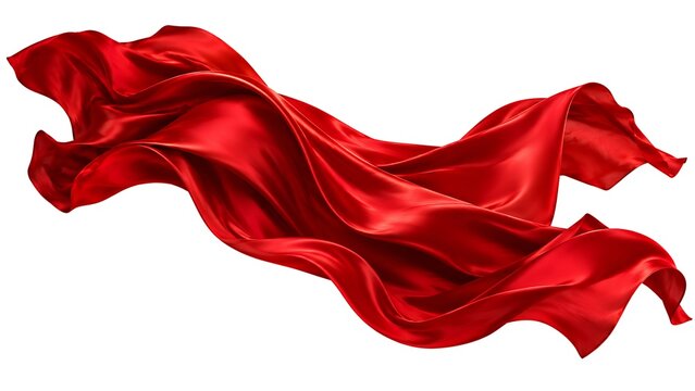 Red silk fabric flying in wind with elegant folds isolated on white background