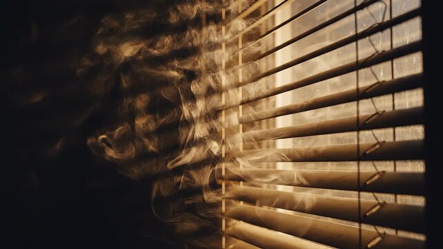 Atmospheric indoor scene with bright sunlight streaming through window blinds and creating dramatic shadows and smoke patterns in a dark room