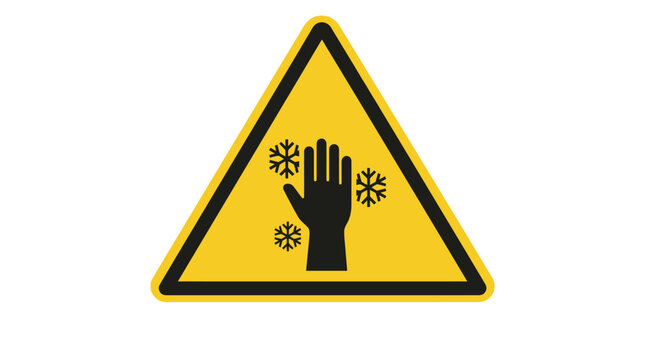 Yellow triangular warning sign featuring black hand symbol surrounded by delicate snowflake icons representing severe cold temperature hazard and frostbite danger