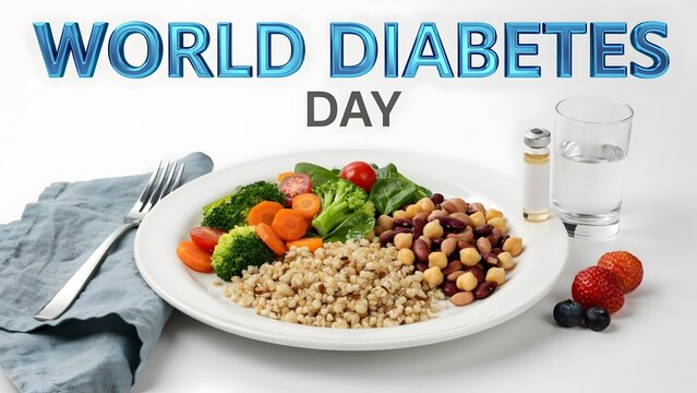 World diabetes day healthy meal with vegetables grains and insulin