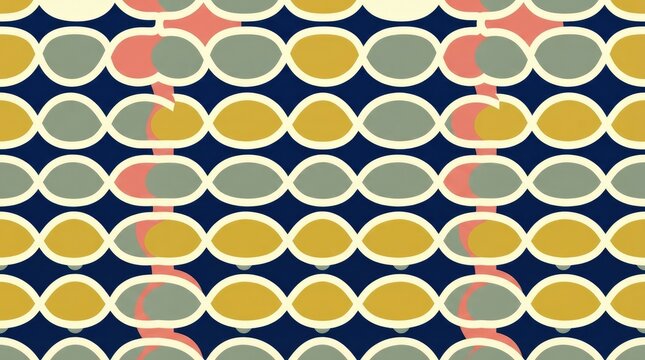 Seamless pattern of repeating oval and link shapes in yellow, grey, and coral pink on a solid dark navy blue background texture